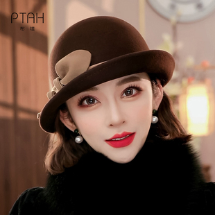 布塔秋冬季纯羊毛贝雷帽女士时尚百搭复古画家南瓜画家帽子PT1436