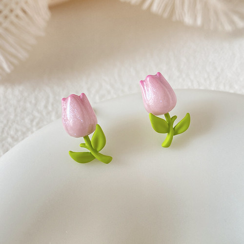 925银针郁金香花朵耳钉小巧精致