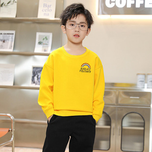 黄色儿童卫衣打底衫2026新款秋冬加绒男童休闲长袖潮牌小学生班服