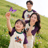 2026夏季 新款 亲子装 韩版 宽松一家三口全家装 T恤 休闲大码 撞色短袖