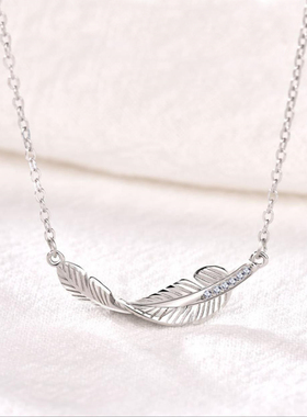 通体925纯银羽毛吊坠ins银项链女锁骨链毛衣链网红配饰森系防过敏