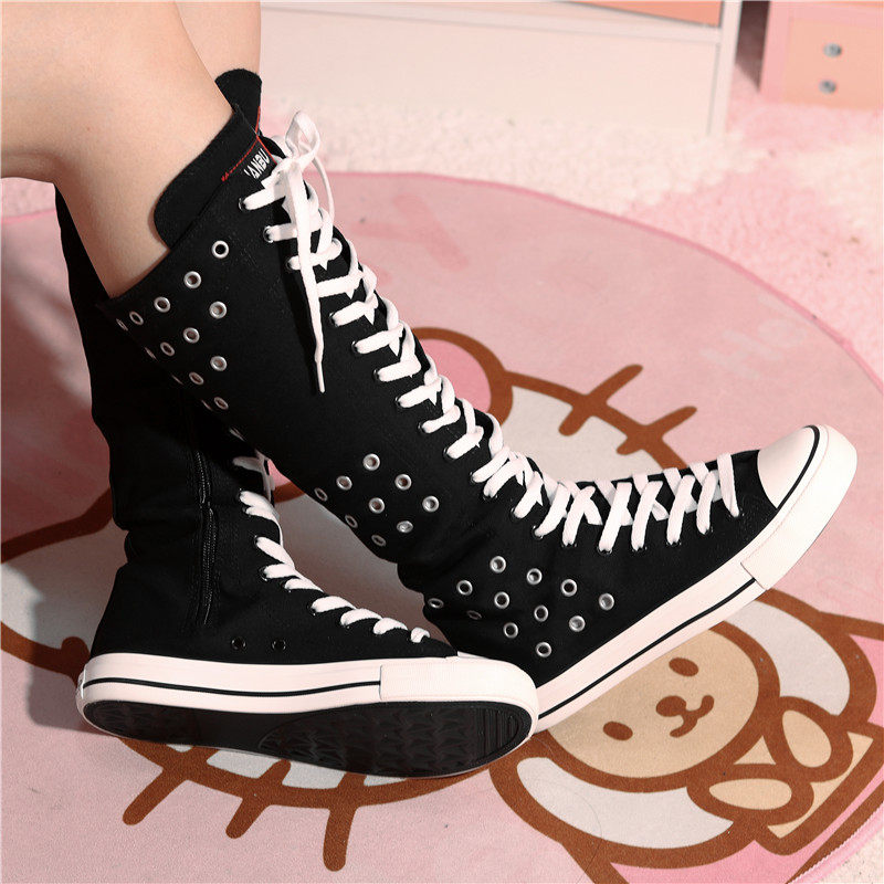 靴女镂空帆布网红靴子浅色高腰潮