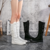 女鞋 学生高帮帆布鞋 子长筒单靴子潮蕾丝白 板鞋 百搭内增高系带大码