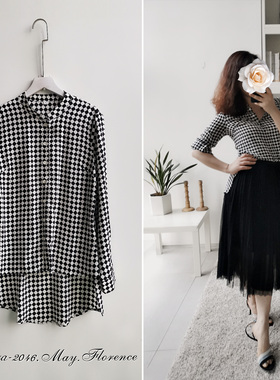 真丝黑白棋盘格子通勤前短后长女士外搭内穿修身显瘦长袖百搭衬衫
