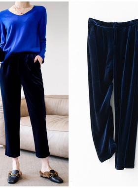 优雅深牡丹蓝复古文艺高腰长款金丝绒女窄款百搭修身显瘦锥形长裤