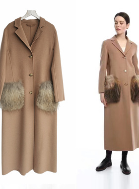 90%羊毛驼色小西装领双兜貉子毛皮装饰通勤超长薄款女大衣