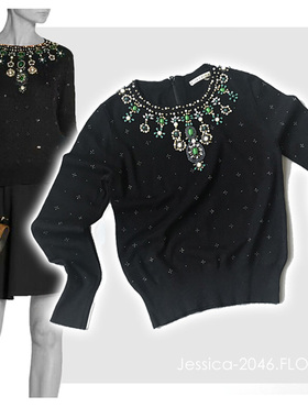 欧美黑色圆领套头绿白钉珠镶钻圆领薄款兔羊绒混纺长袖女针织衫