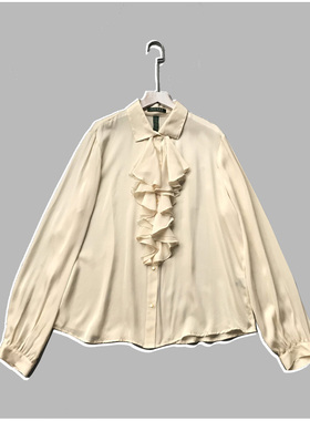 欧美复古宫廷风米白色纯色全真丝前胸荷叶边长袖大码宽松女士衬衫