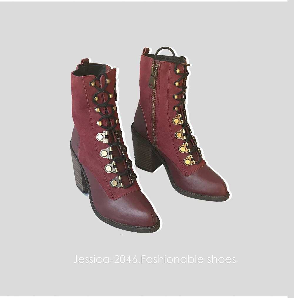 欧美秋冬酒红色牛皮配羊反绒尖头超高粗跟低筒侧拉链女战靴机车靴