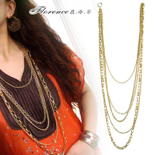 欧美金色多层合金盒子链链条超长项链毛衣链民族风朋克风多种演绎