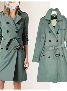 千草色经典修身版型西装领双排扣中长款大码女风衣外套街拍神器