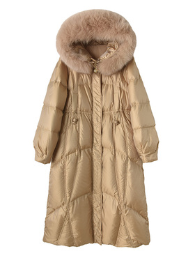 浅香槟色连帽可拆卸蓬松大狐狸毛领长款收腰女羽绒服90白鸭绒外套