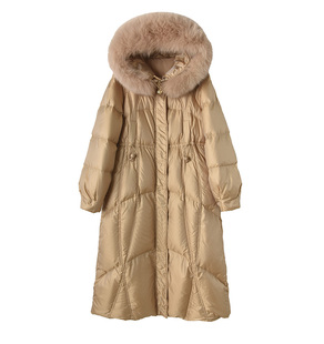 浅香槟色连帽可拆卸蓬松大狐狸毛领长款收腰女羽绒服90白鸭绒外套