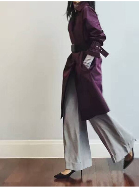 欧美紫色走秀款高档落肩大码西装领双排扣宽松百搭女士通勤长风衣