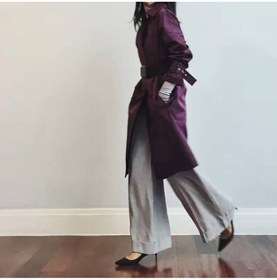 欧美紫色走秀款落肩大码西装领双排扣宽松百搭女士通勤长风衣