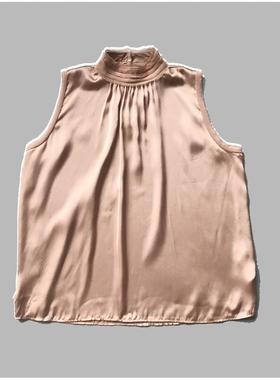 香槟裸粉色立领套头须边装饰无袖纯色人造丝单件直筒背心无袖上衣