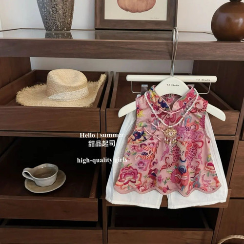 女童新中式套装夏季2025新款儿童国风女宝宝旗袍背心阔腿裤两件套