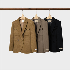 2024走秀款英伦绅士西装收腰姜黄羊驼绒大衣黑色西服领上衣灰外套