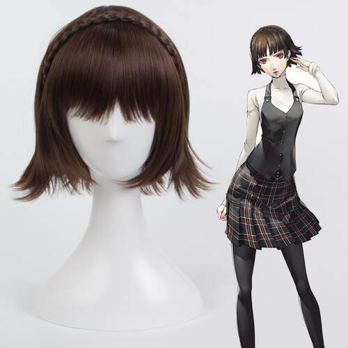 女神异闻录5 Persona5 新岛真深棕色反翘麻花辫 cosplay假发