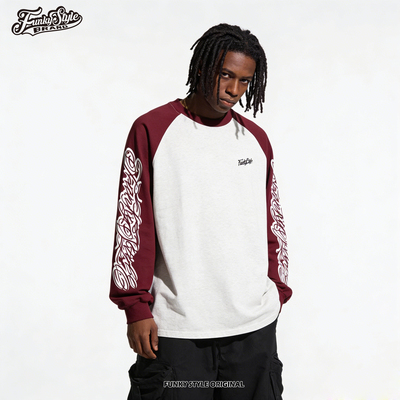 美式复古嘻哈插肩宽松长袖T恤男