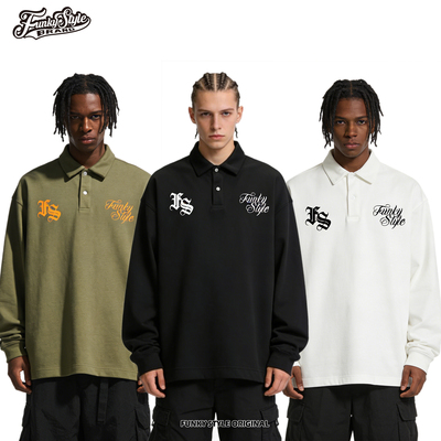 FunkyStyle美式复古bboy潮VIBE街头风宽松重磅棉翻领长袖T恤POLO