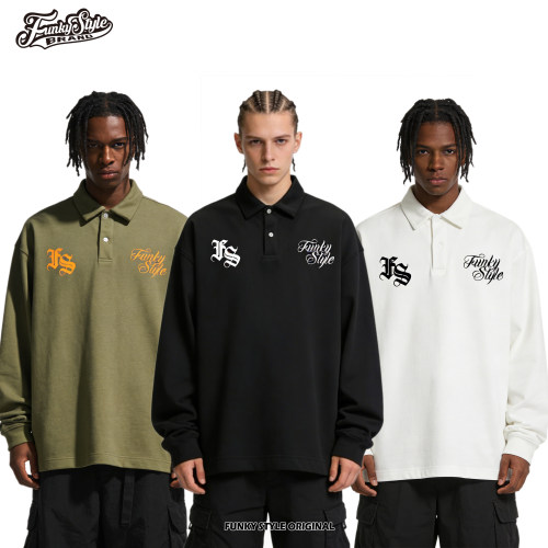 FunkyStyle美式复古bboy潮VIBE街头风宽松重磅棉翻领长袖T恤POLO