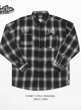 FUNKYSTYLE原创潮美式BBOY西海岸奇卡诺刺青POPPING格子衬衫长袖