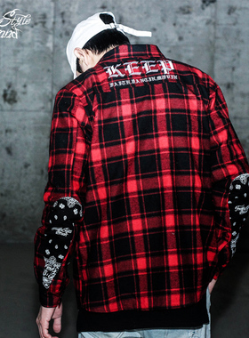 FunkyStyle国潮复古磨毛格子衬衫男日系腰果花刺绣拼接街舞衬衣