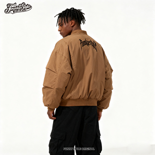 FUNKYSTYLE原创潮宽松美式重磅短款立领飞行夹克棉服棉衣棒球外套
