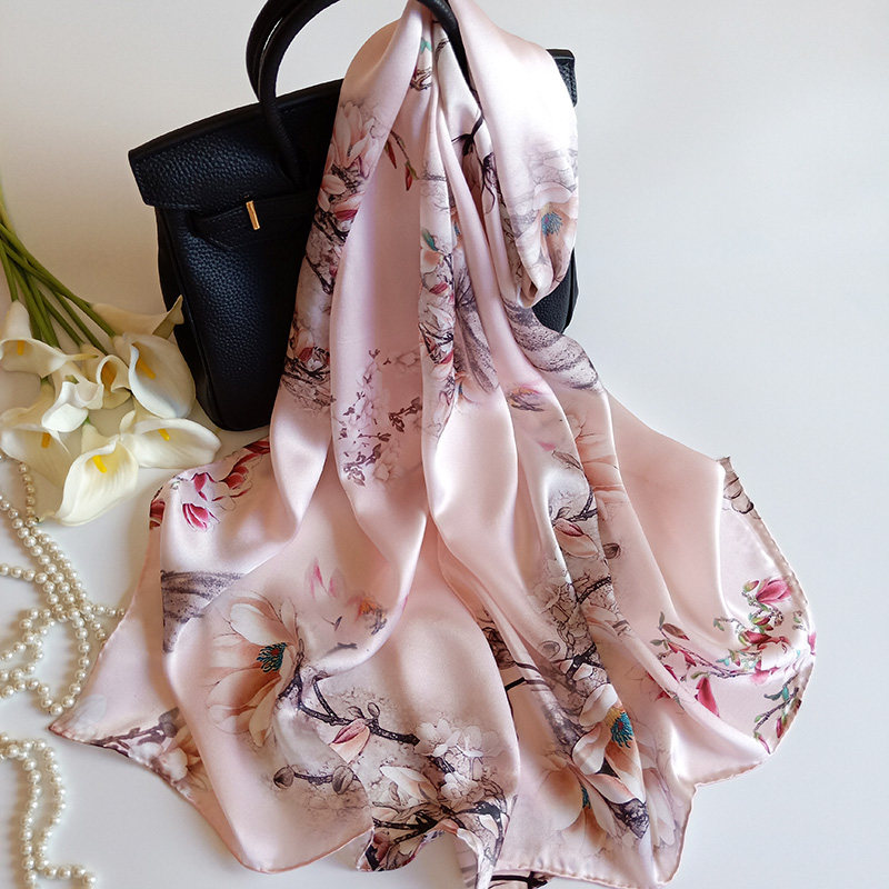 真丝丝巾女100%桑蚕丝中年印花长款百搭杭州丝绸春秋冬季送礼围巾