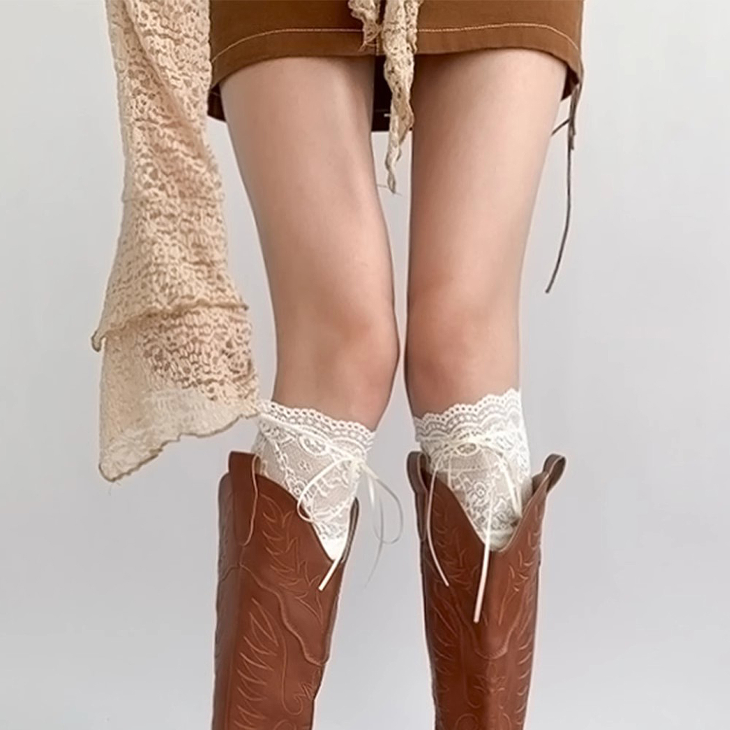 蕾丝袜子女春夏款过膝拼接蝴蝶结长筒袜洛丽塔白色小腿配靴子中筒