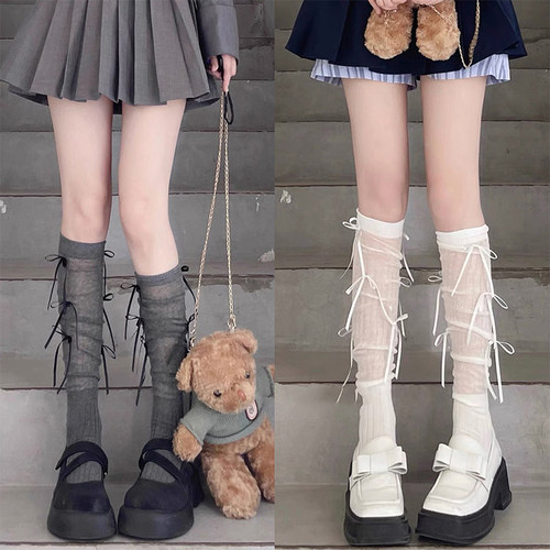 蝴蝶结小腿袜子女配小皮鞋