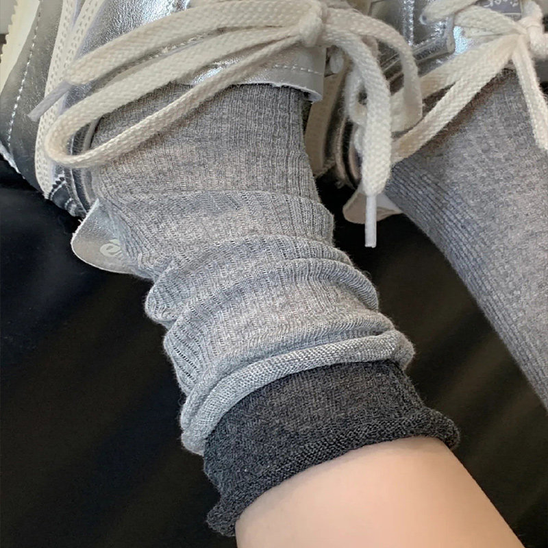 灰色袜子女春秋拼接中筒假两件慵懒堆堆夏季无骨卷边松口月子长袜