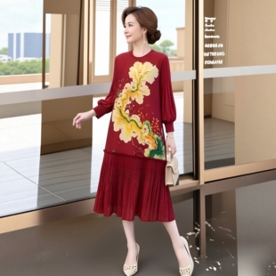 褶皱宽松遮肚显瘦A字中长裙 国风连衣裙2026早春新款 59岁妈妈装