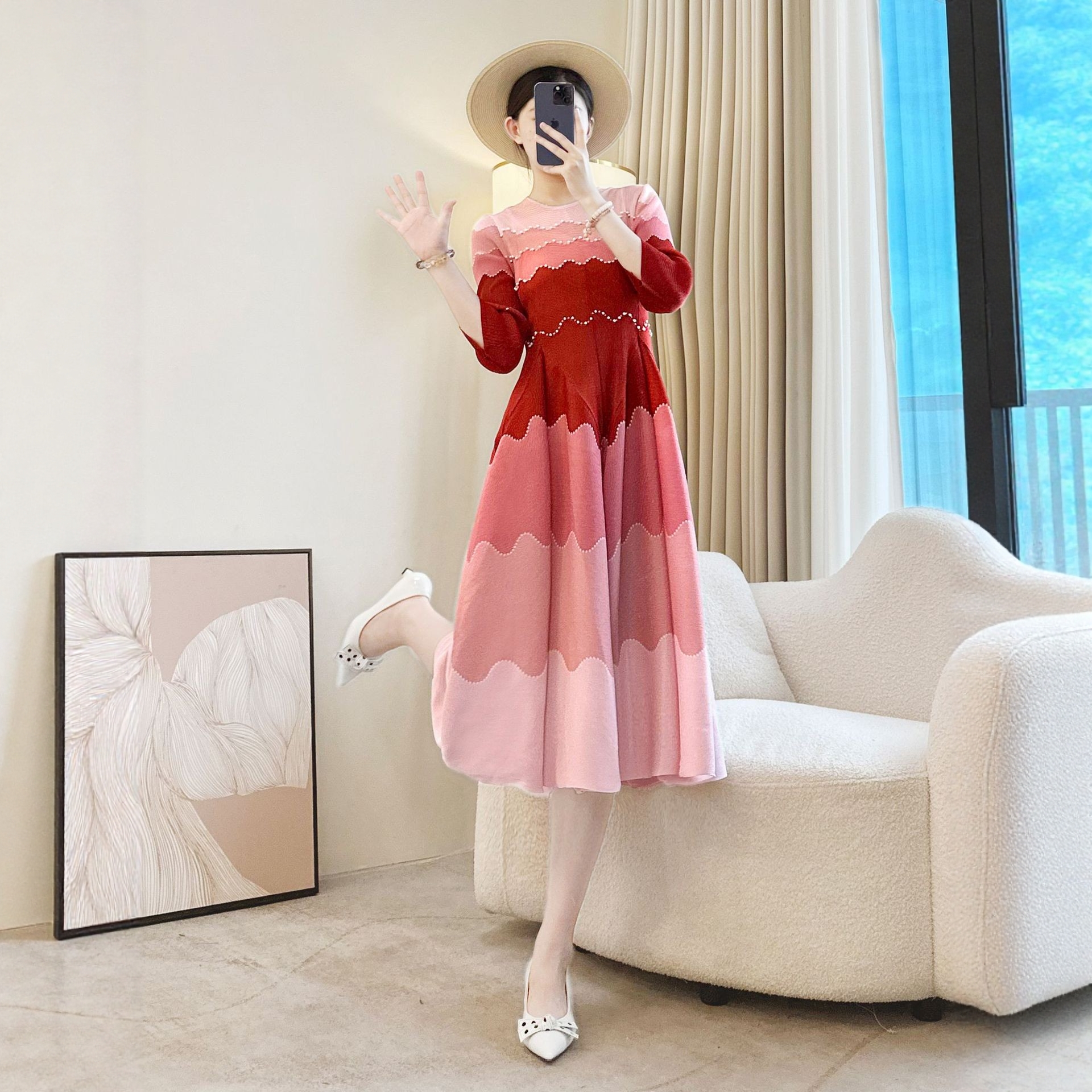 早秋优雅妈妈渐变拼色褶皱连衣裙