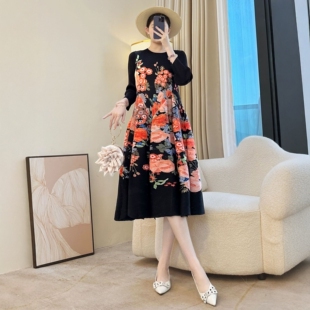 中年妈妈秋装 显瘦高腰A字中长裙花苞裙 优雅复古印花连衣裙女大码
