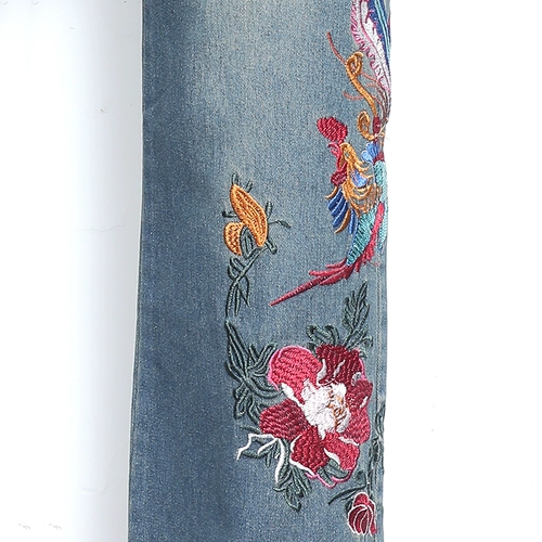 Этнические джинсы, джинсовые штаны, европейский стиль, этнический стиль, высокая талия, свободный крой, с вышивкой