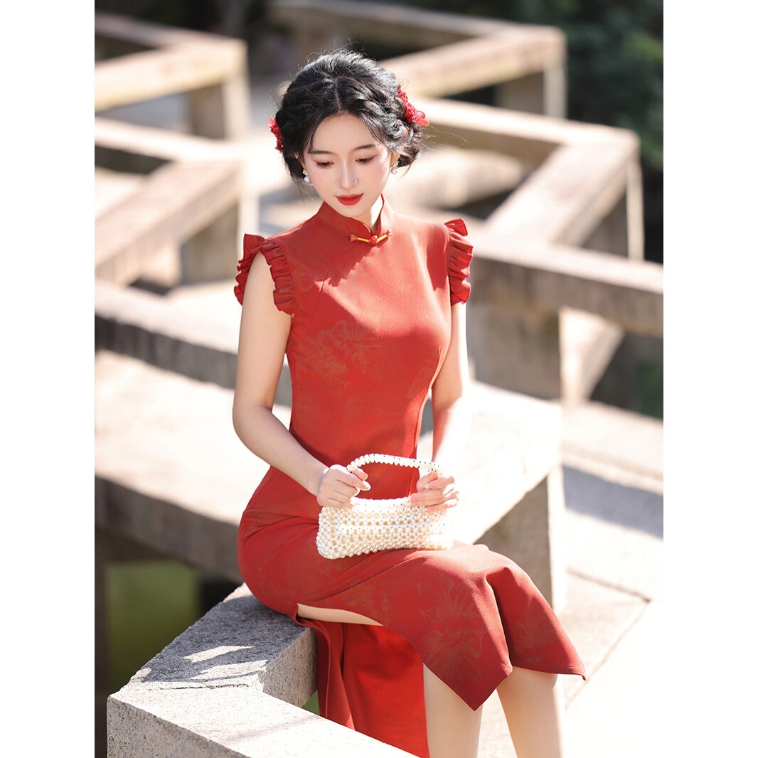 织造局红色旗袍敬酒服春夏新款订婚礼服裙少女小个子日常可穿飞飞