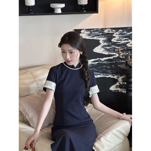 织造局复古民国风蓝色旗袍高端改良新中式少女连衣裙2025新款日常