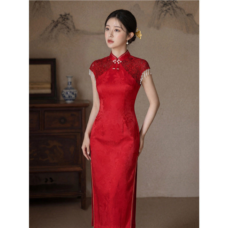 织造局复古改良红色短袖旗袍女蕾丝立领流苏装饰连衣裙小个子订婚