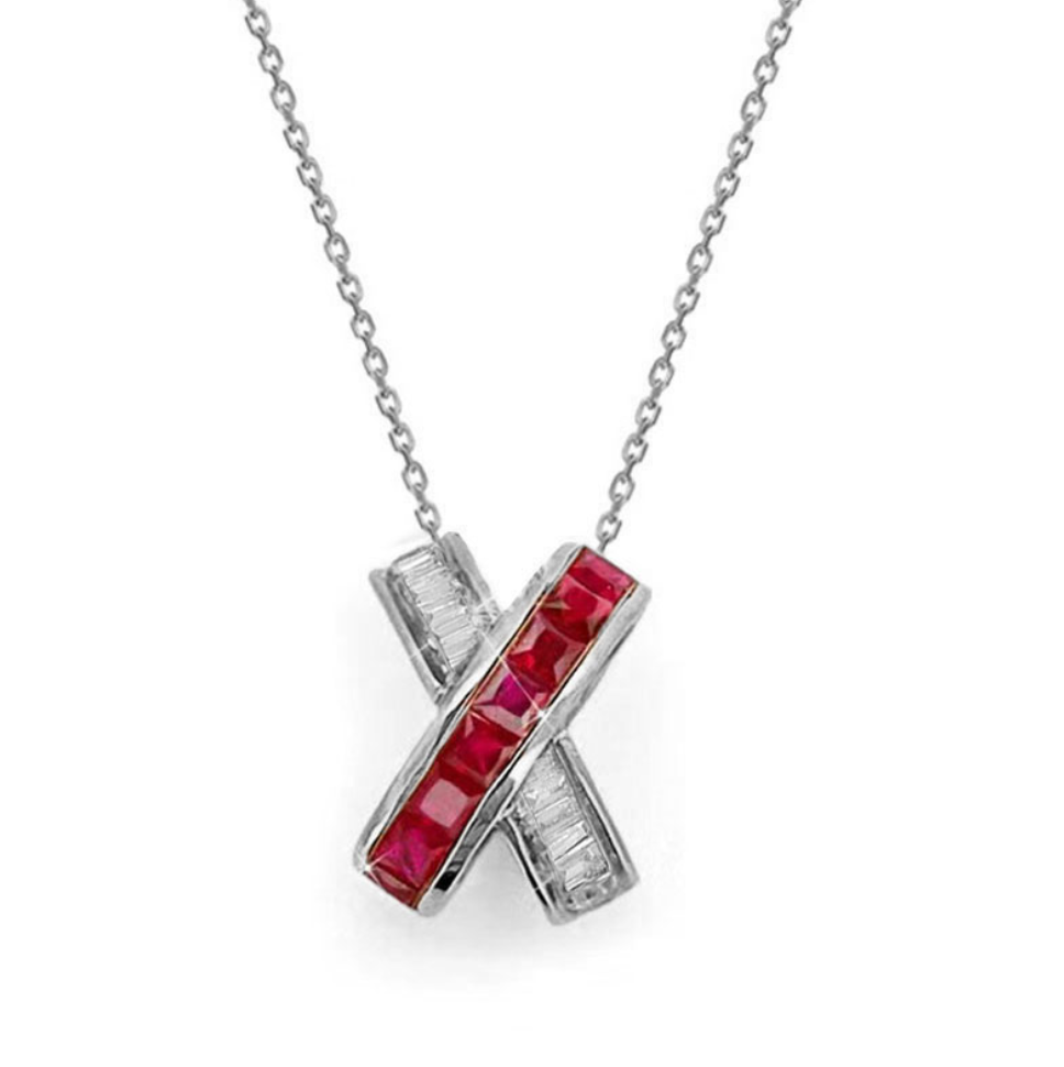 铂金红宝钻石吊坠女高级交叉设计