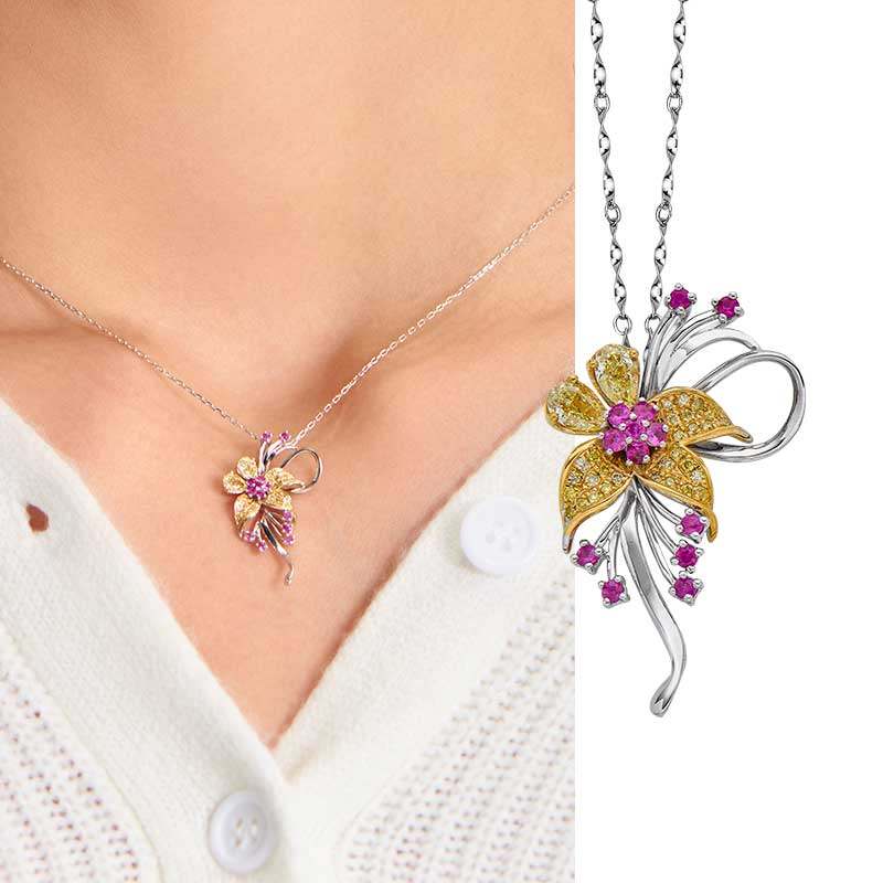 协隆珠宝18k金黄钻粉蓝宝吊坠甜美闪烁丝带花卉小众设计2023年款