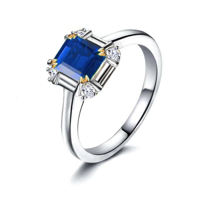 天然蓝宝石戒指女镶托方形切工