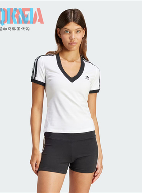 阿迪达斯Adidas三叶草女子复古休闲修身鸡心V领T恤Tee短袖 IR8114