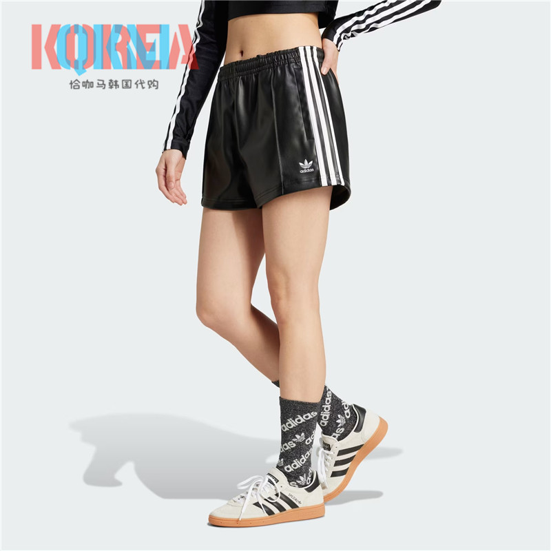 阿迪达斯女子黑色皮质休闲运动裤