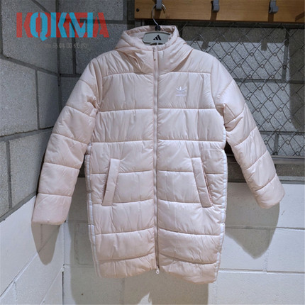 阿迪达斯Adidas三叶草女子粉色休闲运动连帽长款棉服外套 IK0446