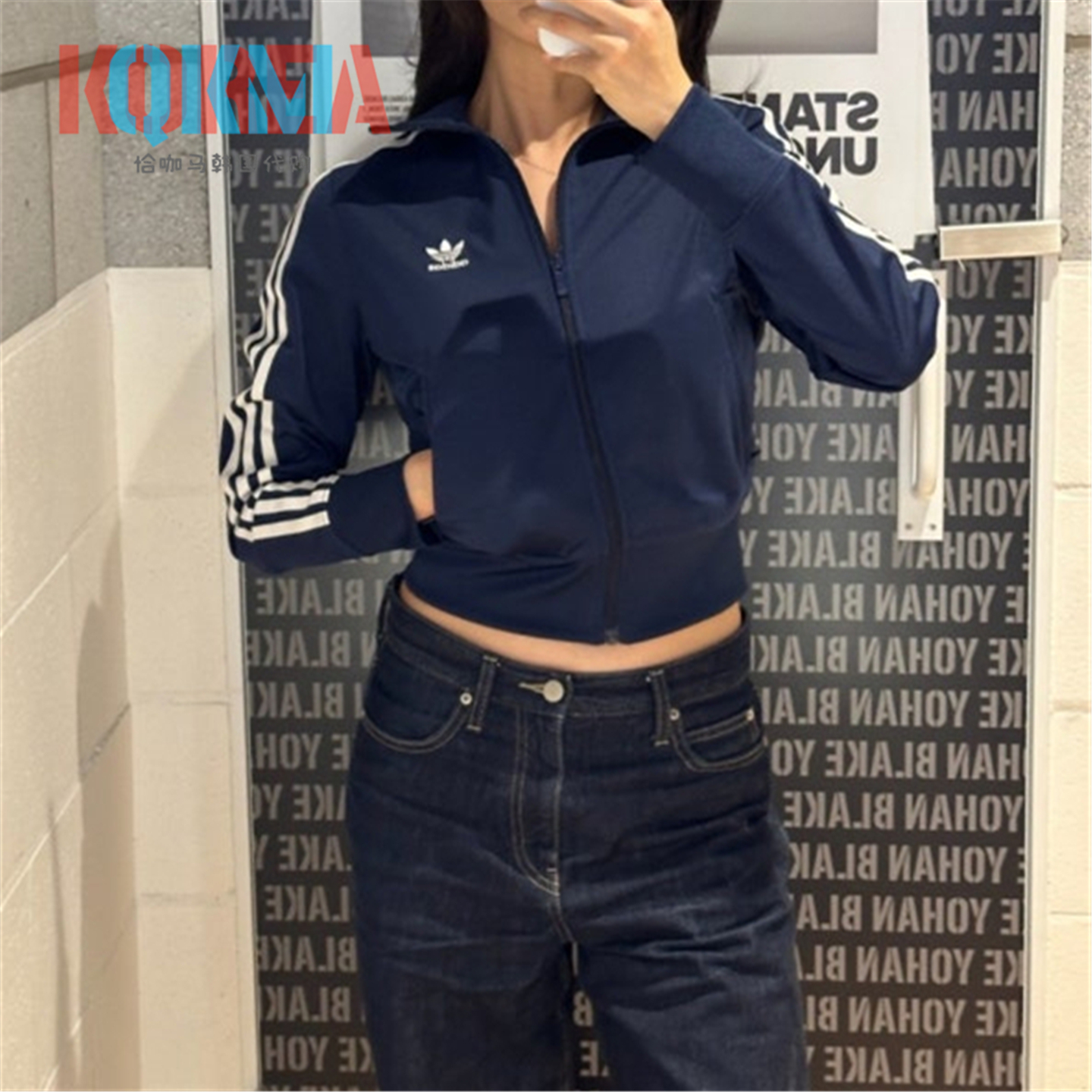 阿迪达斯Adidas三叶草女子藏青蓝美式复古休闲运动夹克外套JC8263