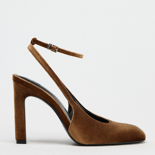 ZA性感风棕色尖头浅口脚踝绊带细高跟凉鞋女士气质穆勒鞋后空粗跟