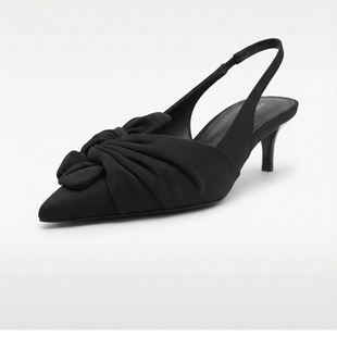 MANGO法式蝴蝶结尖头细高跟凉鞋女黑色性感穆勒鞋后空高跟鞋女士