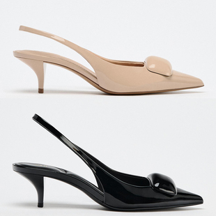 ZA轻熟风漆皮尖头穆勒鞋女浅口细高跟后空凉鞋方扣单鞋高跟鞋女士